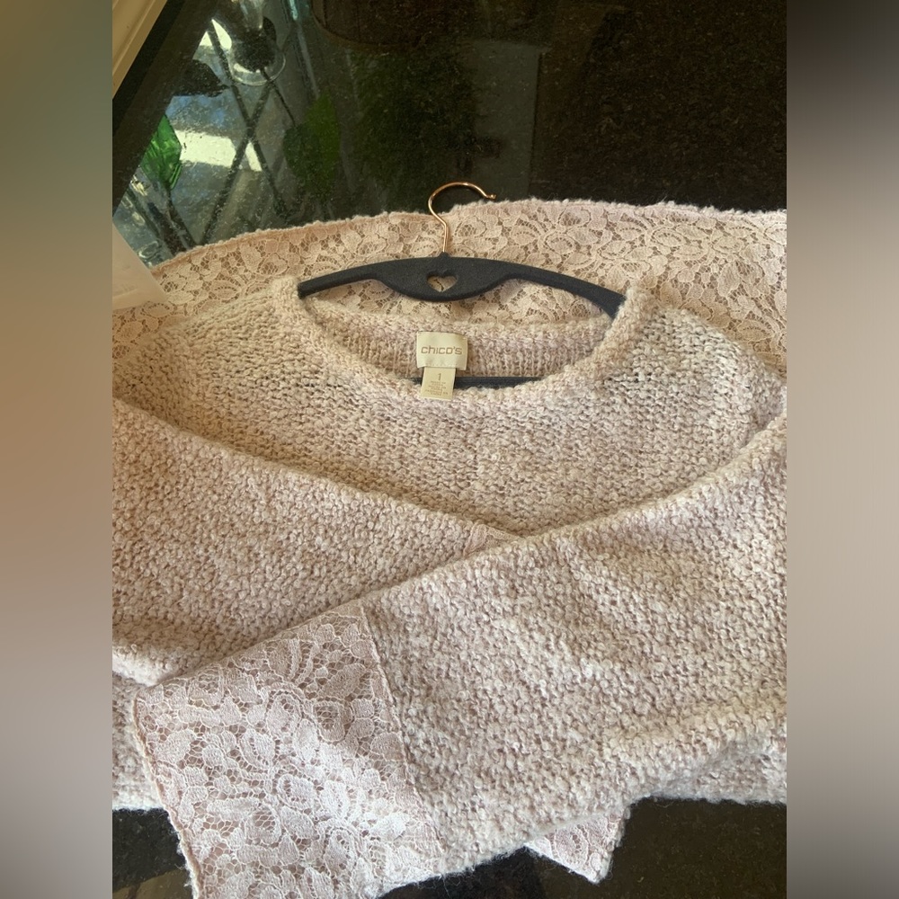Chico’s Pink Boucle’ Sweater with Lace Trim Size 1